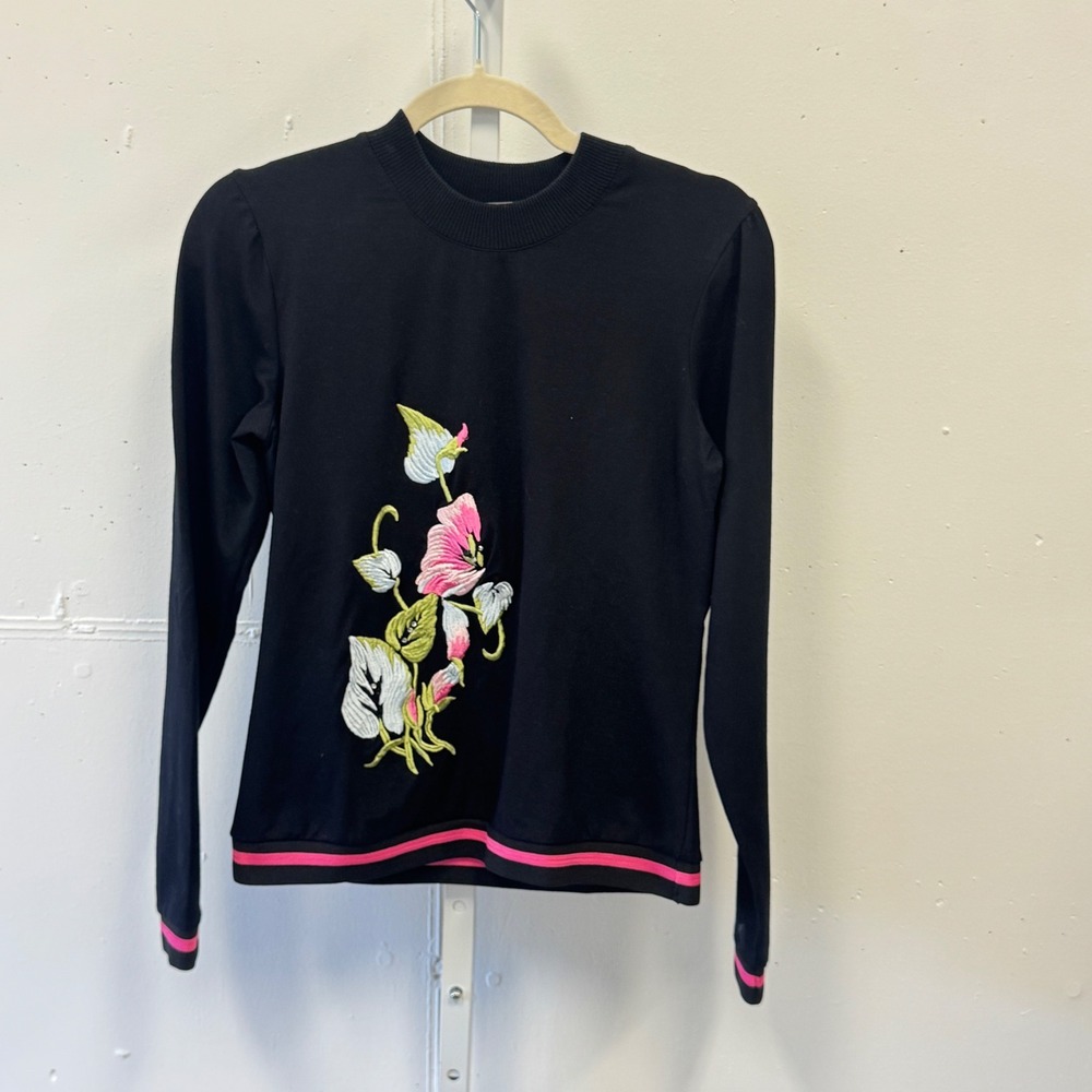 Calliste Floral Embroidered Mock Neck Long Sleeve Top XS Greece Women's Black